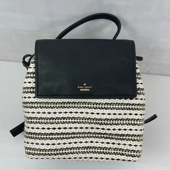 Kate Spade New York Black Leather & Woven Straw Backpack Purse - Picture 1 of 13
